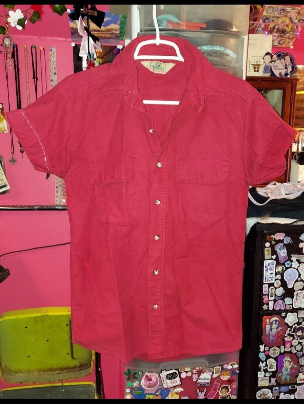 Red short sleeve button up flannel top